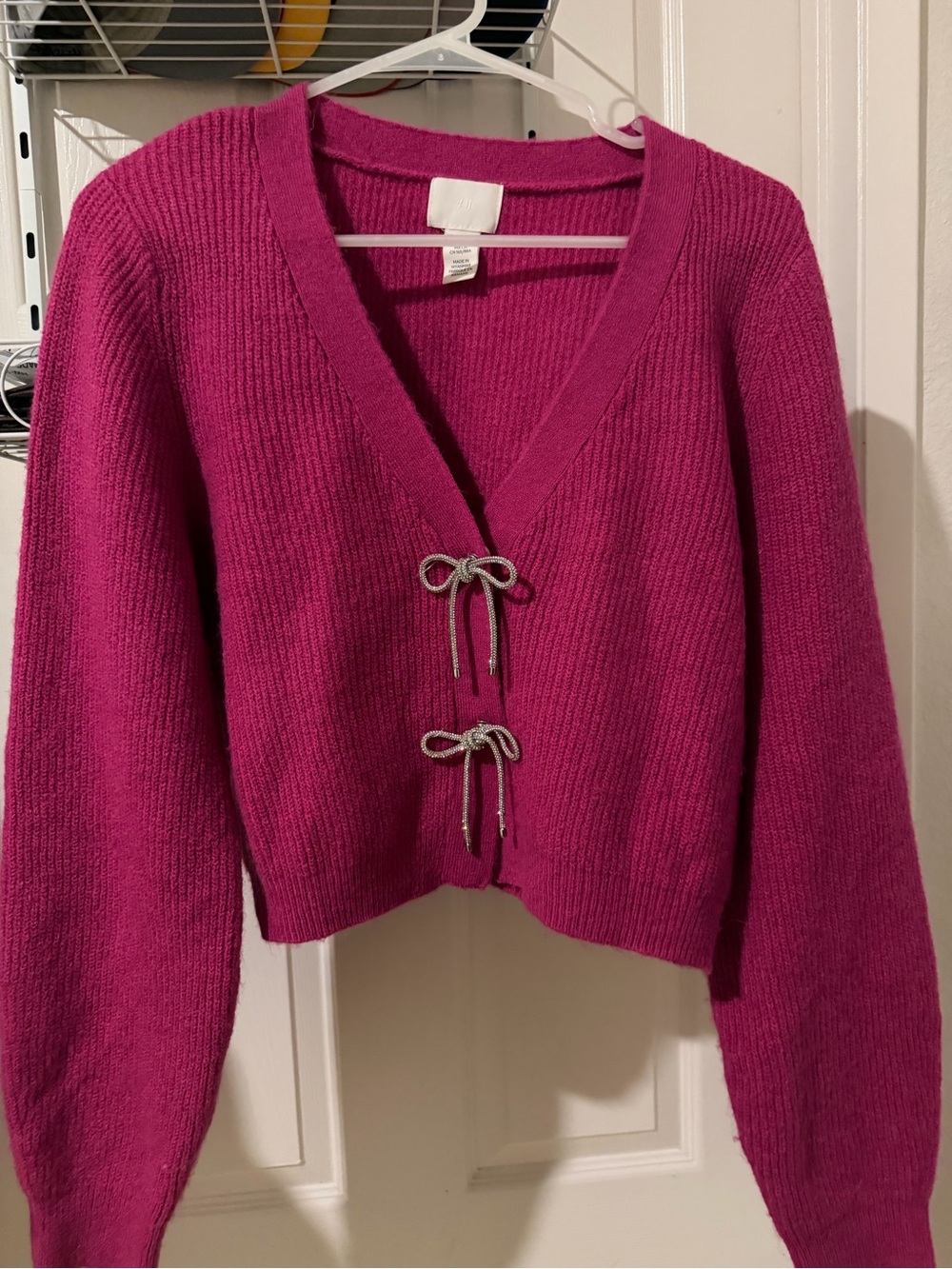 H&M Magenta V-Neck Cardigan with Rhinestone Bows